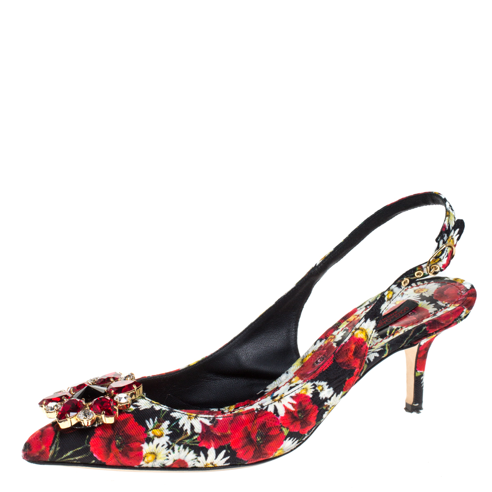 مملوكة مسبقًا Dolce & Gabbana Multicolor Brocade Floral Fabric Crystal Embellished Slingback Sandals Size 39.5