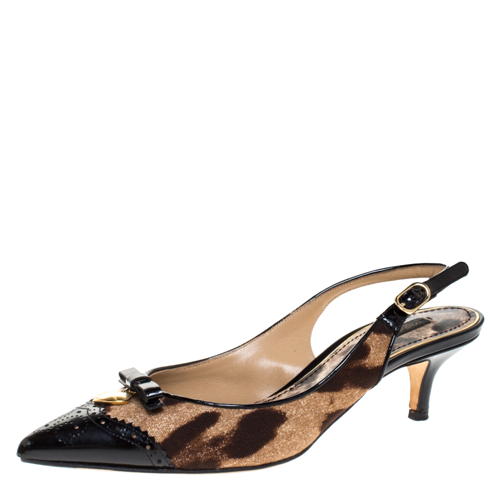 Pre-owned Dolce & Gabbana Brown/black Leopard Print Canvas And Patent Leather Bow Slingback Sandals Size 37.5