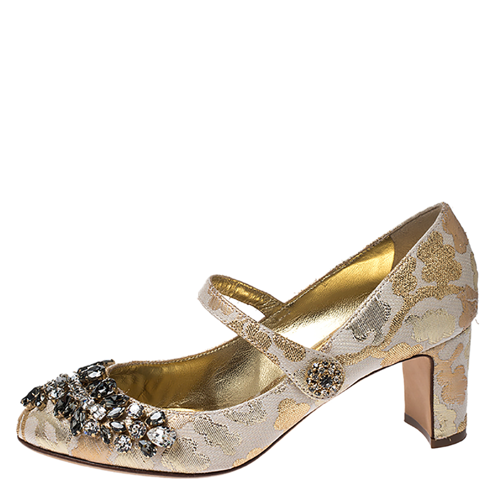 

Dolce & Gabbana White/Gold Brocade Fabric Crystal Embellished Mary Jane Pumps Size