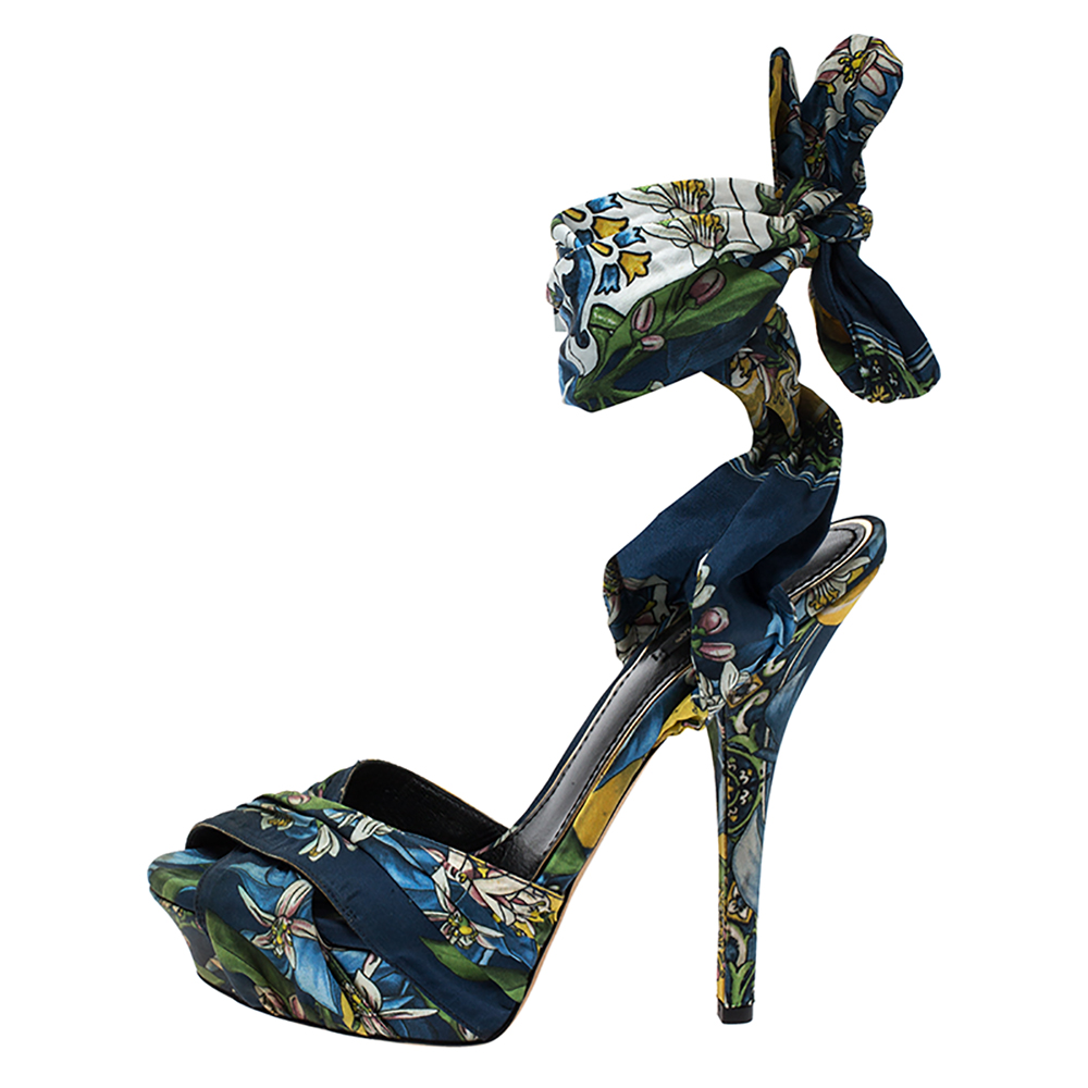 

Dolce & Gabbana Multicolor Lilly Printed Foulard Pleated Cross Strap Ankle Wrap Sandals Size