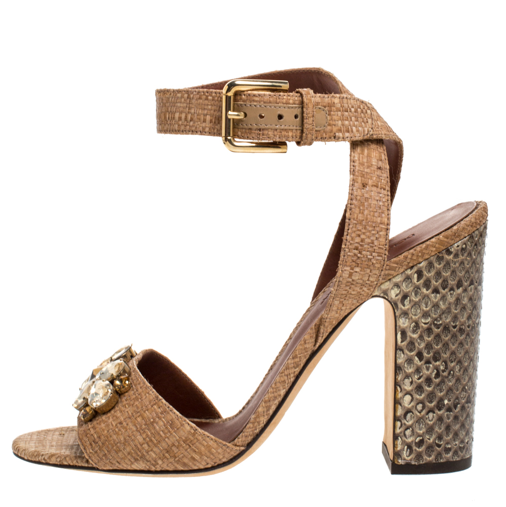 

Dolce & Gabbana Beige Jeweled Raffia & Snakeskin Sandals Size