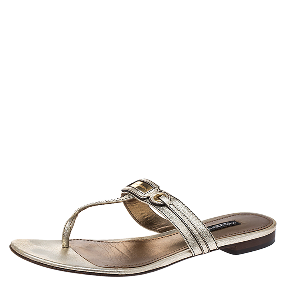 

Dolce & Gabbana Metallic Gold Leather Thong Slide Sandals Size