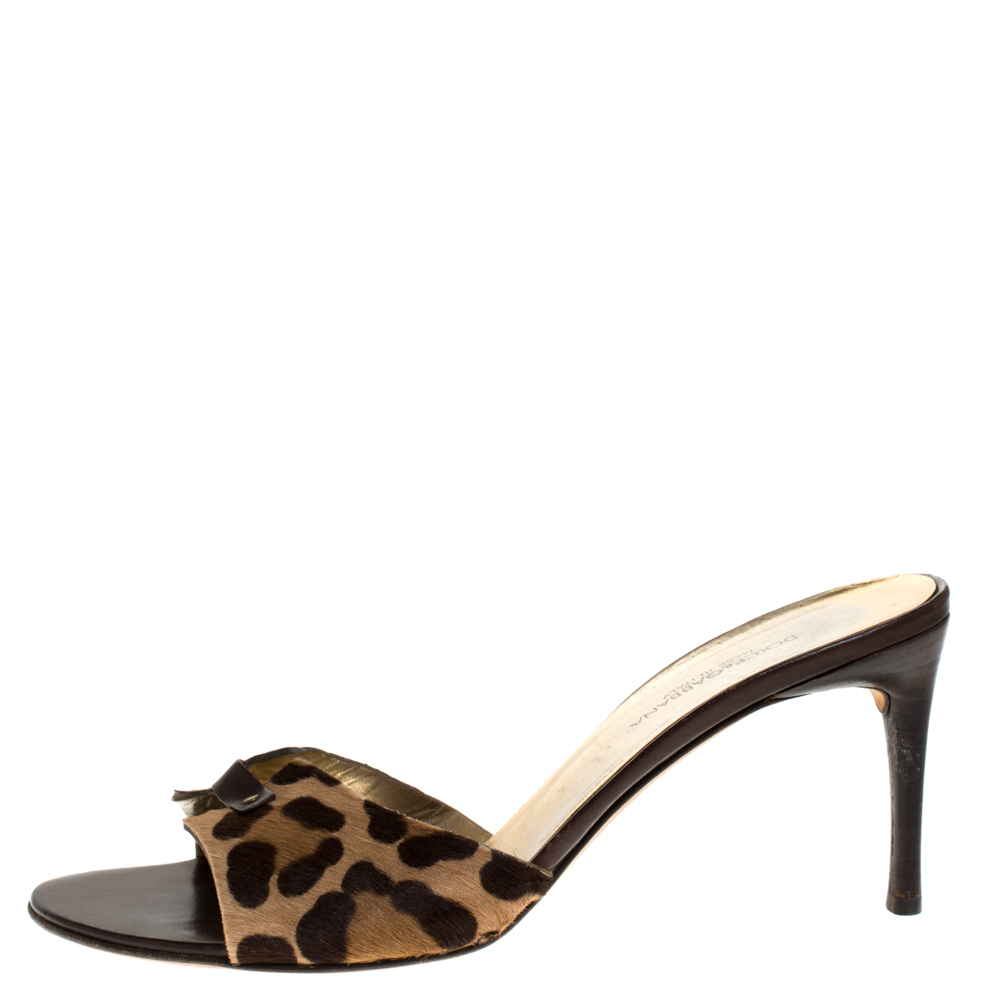

Dolce & Gabbana Brown Leopard Print Pony Hair Slide Sandals Size