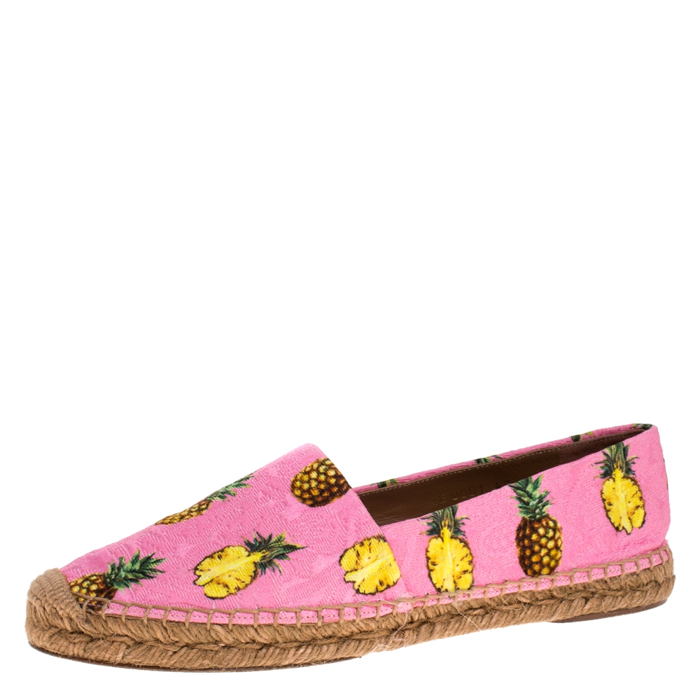 Pre-owned Dolce & Gabbana Pink/yellow Pineapple Print Brocade Espadrilles Size 40