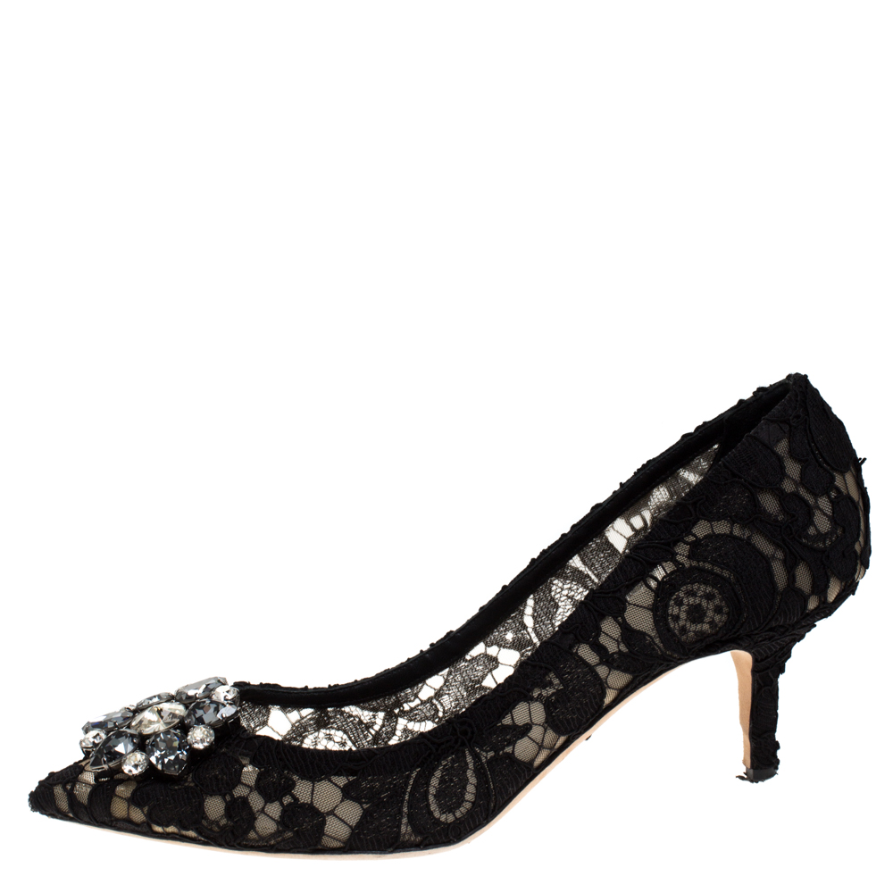 

Dolce & Gabbana Black Crystal Embellished Lace Bellucci Pointed Toe Pumps Size