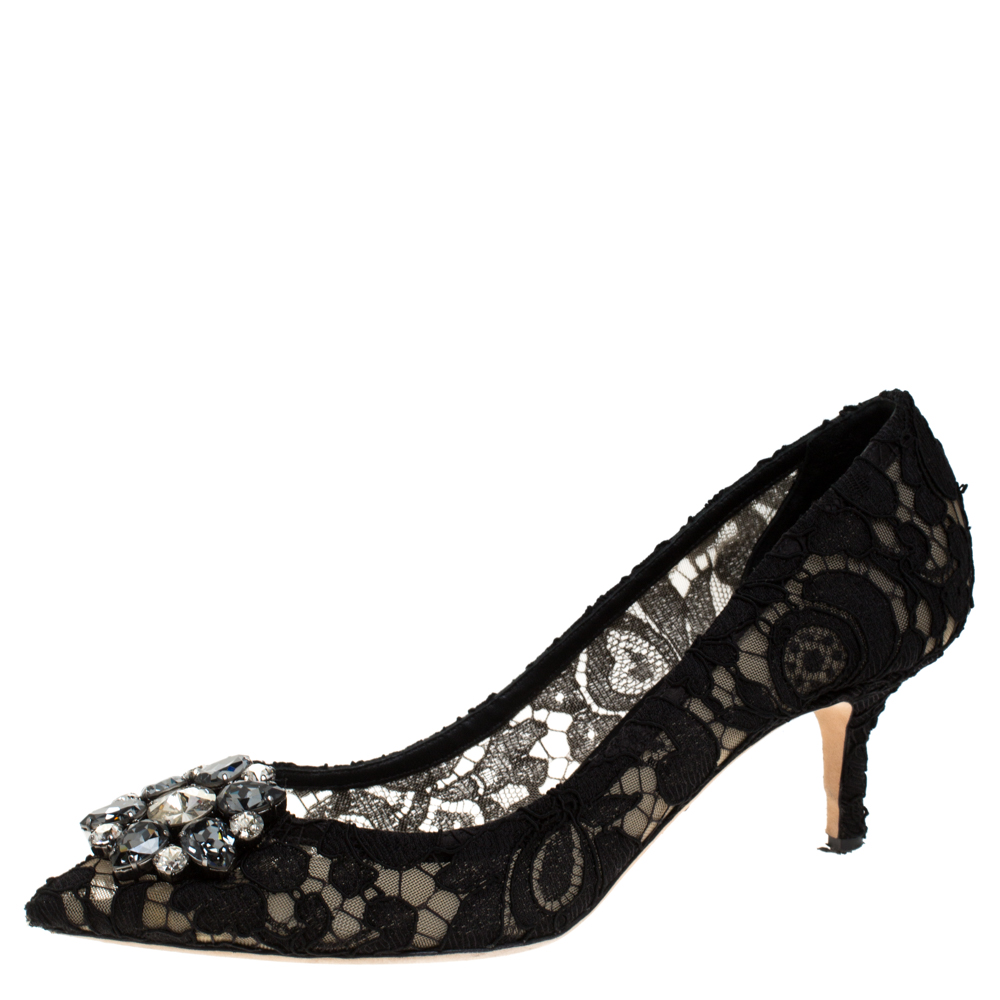 Pre-owned Dolce & Gabbana Black Crystal Embellished Lace Bellucci Pointed Toe Pumps Size 40