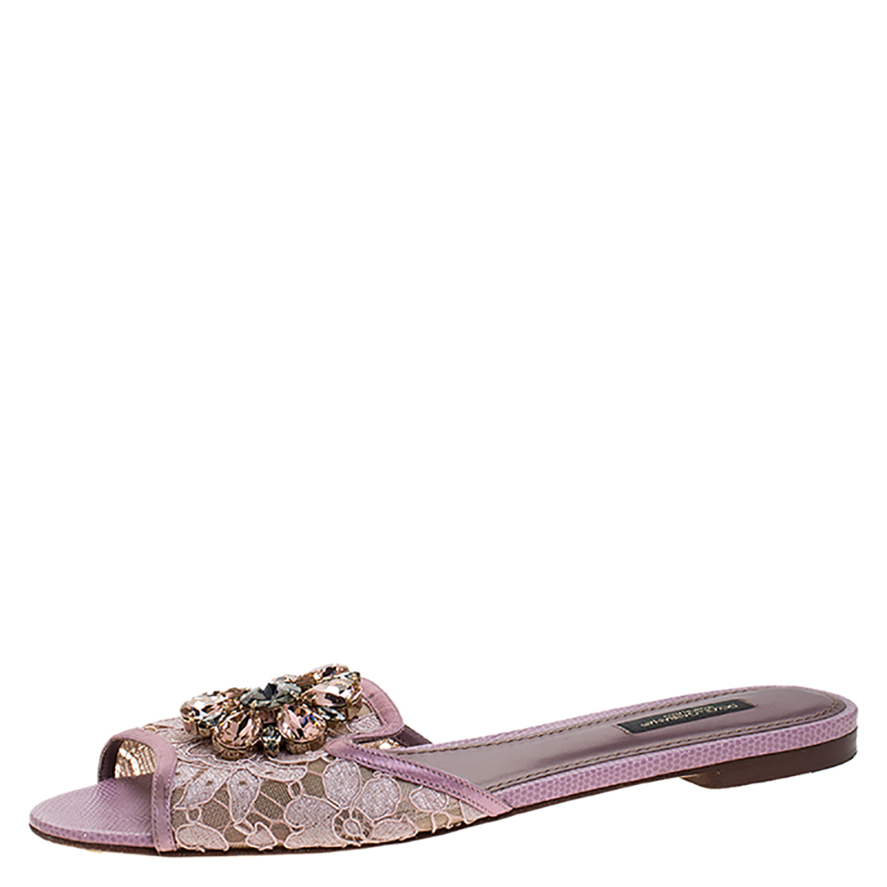 Pre-owned Dolce & Gabbana Lilac Lace Sofia Crystal Embellished Slides Size 38.5 In Purple