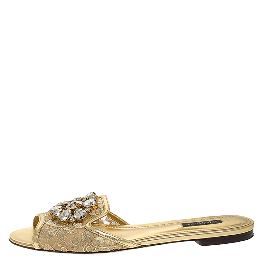 

Dolce & Gabbana Gold Lace Sofia Crystal Embellished Slide Flats Size