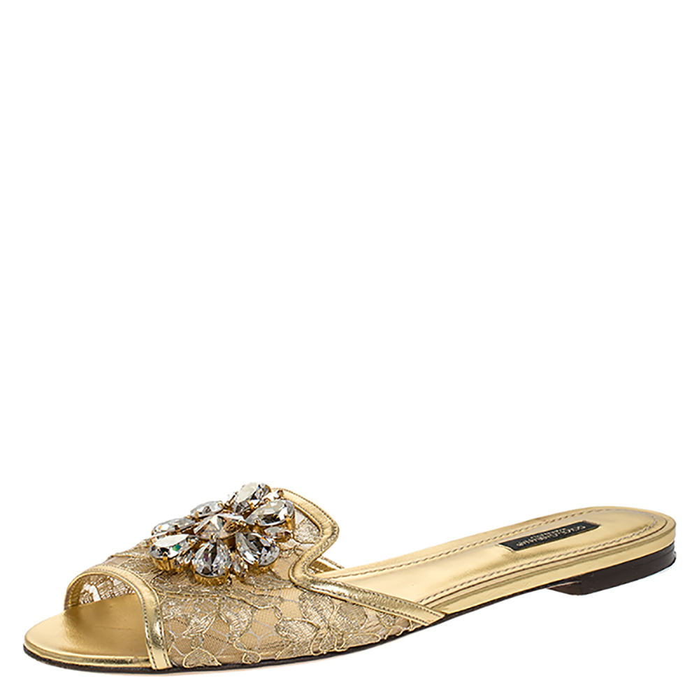 Pre-owned Dolce & Gabbana Gold Lace Sofia Crystal Embellished Slide Flats Size 39