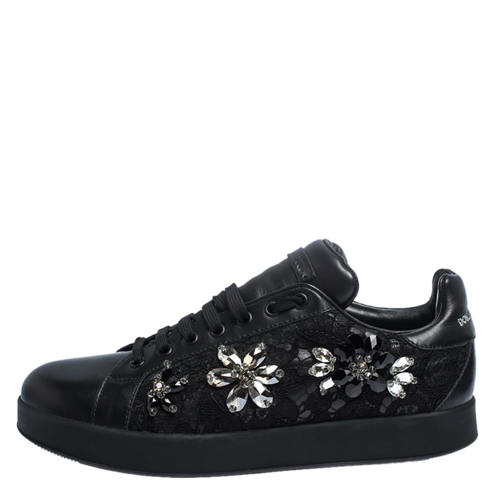 

Dolce and Gabbana Black Leather And Lace Crystal Embellished Low Top Sneakers Size