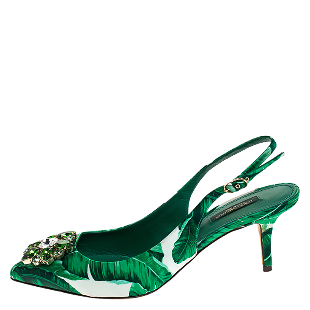 

Dolce & Gabbana Green/White Banana Leaf-Print Fabric Crystal Embellished Slingback Sandals Size