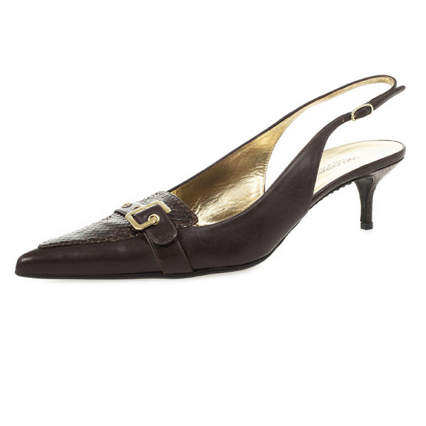 Pre Owned Dolce and Gabbana Brown Pointed Toe Embossed Leather Slingback Sandals Size 40