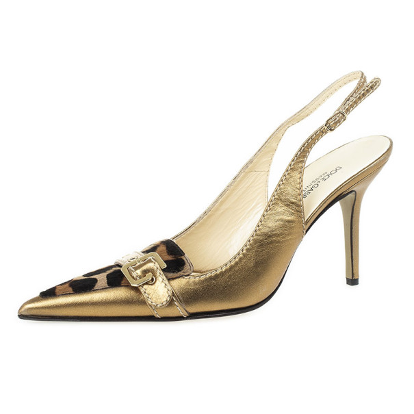 Dolce and Gabbana Gold Pointed Toe Pony Hair Slingback Sandals Size 40 ...