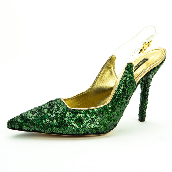 Pre Owned Dolce and Gabbana Green Pointed Toe Paillettes Slingback Sandals Size 39