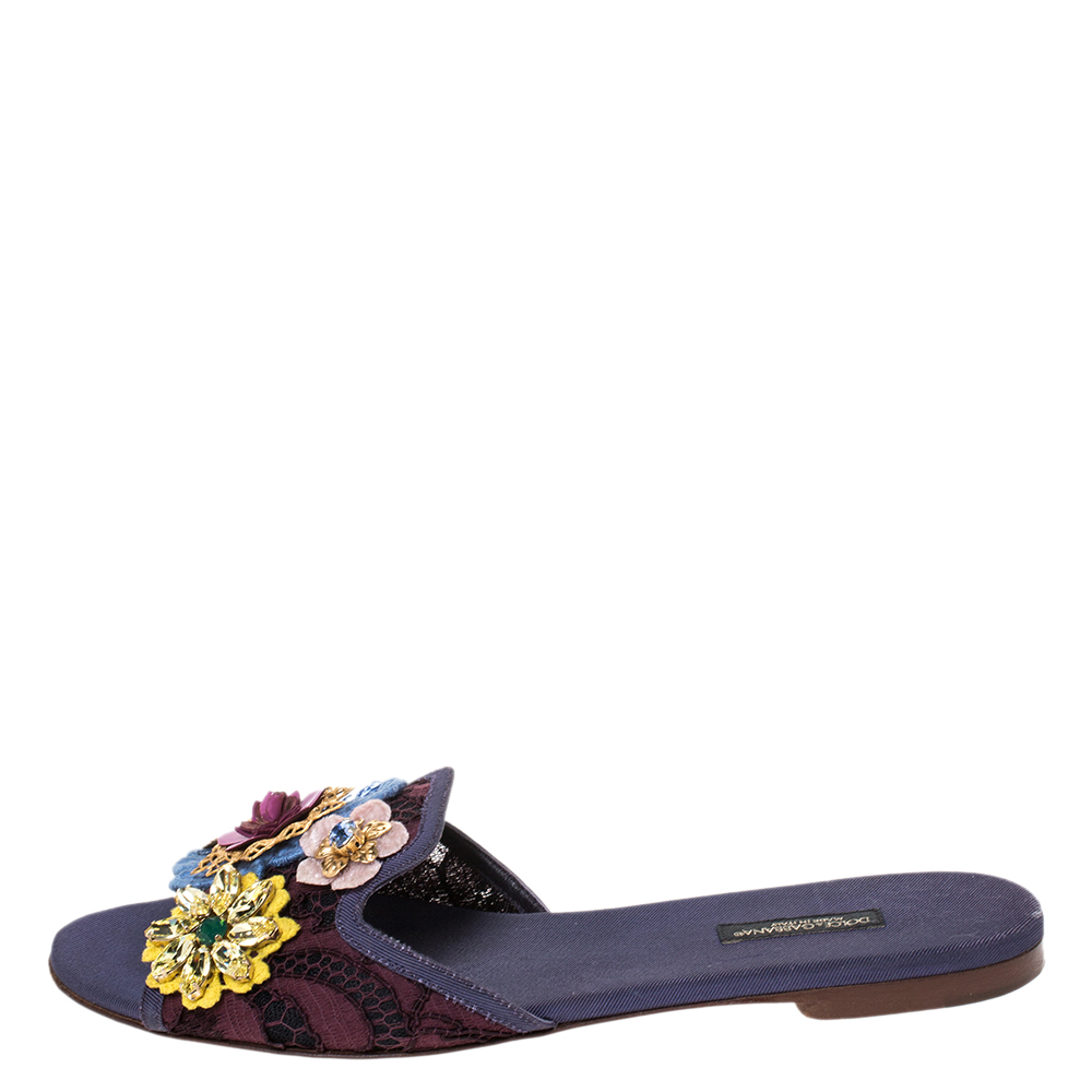 

Dolce & Gabbana Brown/Purple Lace Crystal Flower Embellished Flat Slides Size