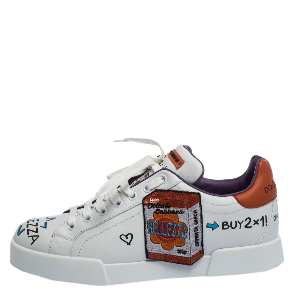 

Dolce & Gabbana White Graffiti and Patches Leather Low Top Sneakers Size