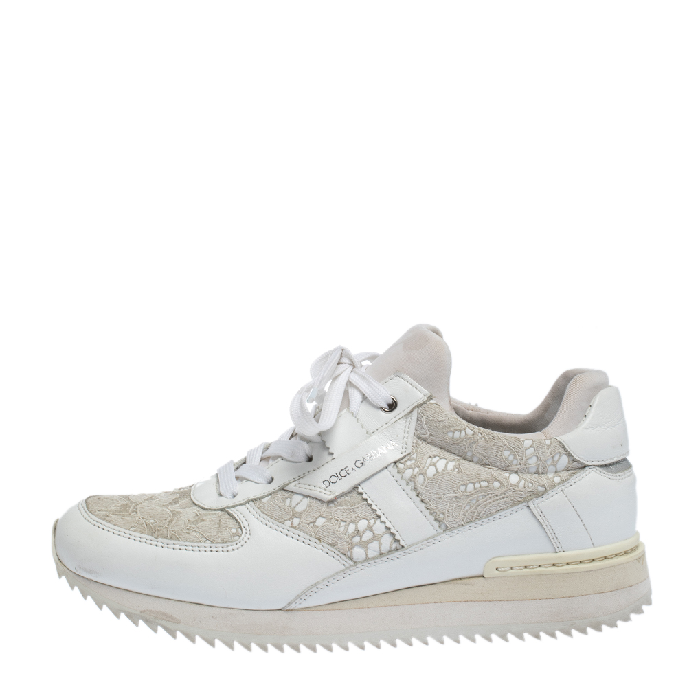 

Dolce & Gabbana White Floral Lace and Leather Low Top Sneakers Size