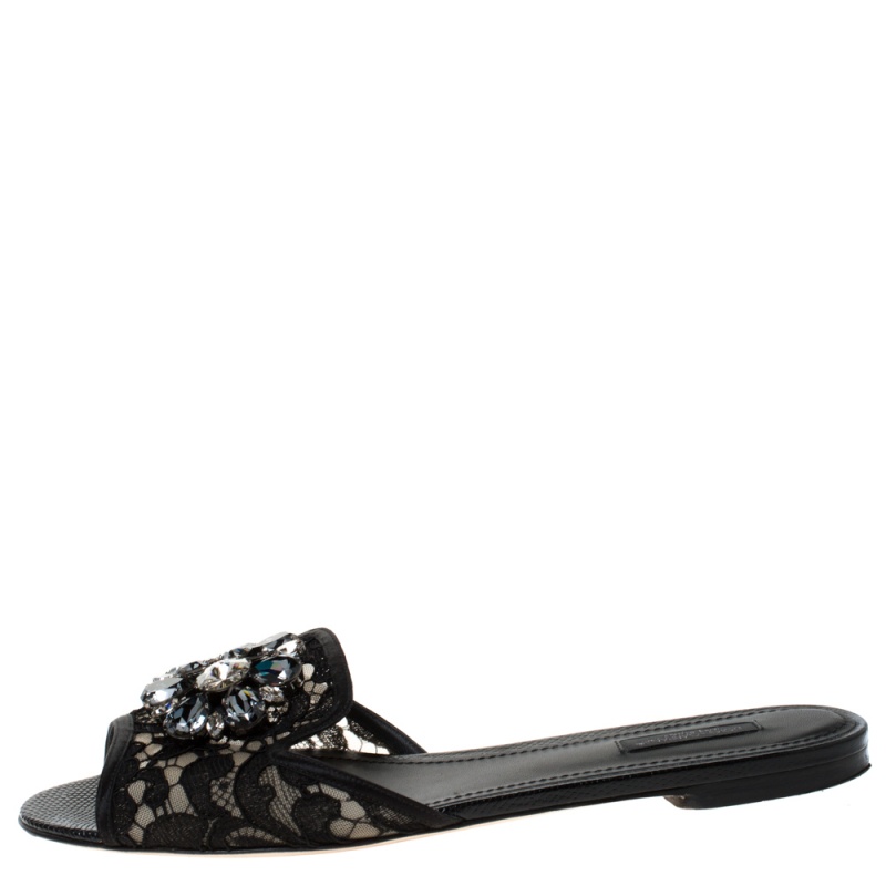 

Dolce and Gabbana Black Lace Sofia Crystal Embellished Slides Size