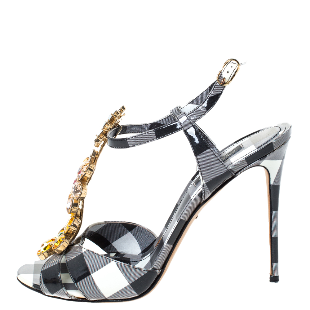 

Dolce and Gabbana Black/White Check Patent Leather Crystal Embellished T Strap Sandals Size, Multicolor