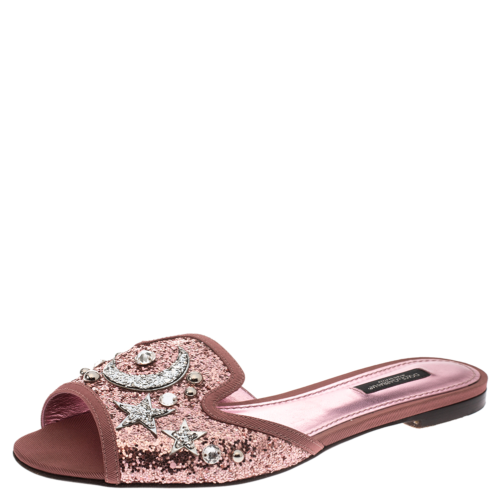 Dolce & Gabbana Metallic Pink/Silver Coarse Glitter Moon And Star Sofia  Slides Size  Dolce & Gabbana | TLC