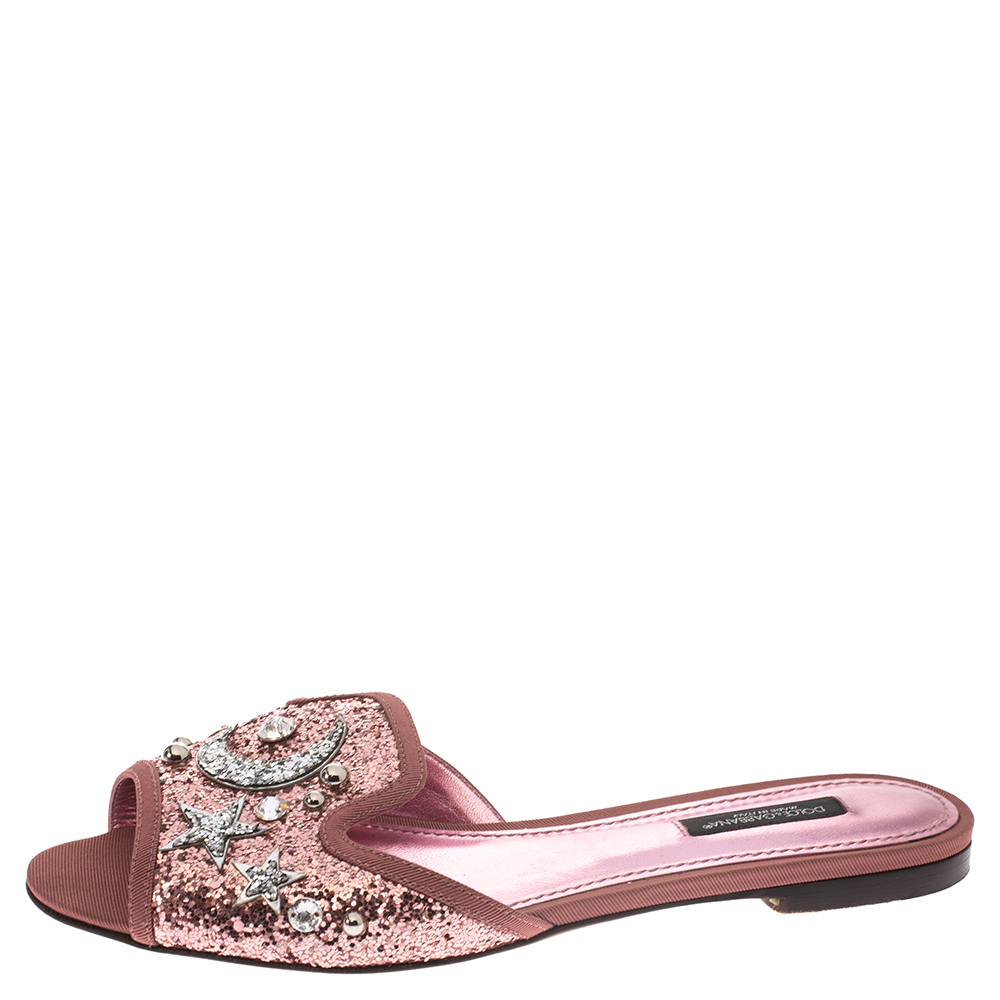 

Dolce & Gabbana Metallic Pink/Silver Coarse Glitter Moon And Star Sofia Slides Size