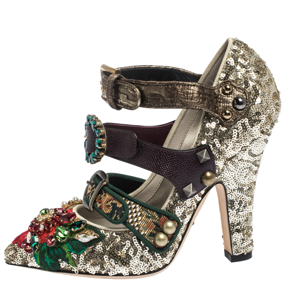 

Dolce & Gabbana Multicolor Mixed Media Crystal Embellished Mary Jane Pumps Size