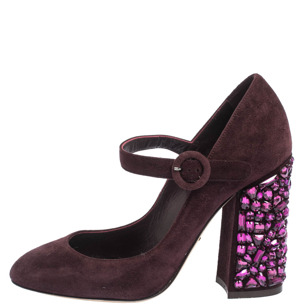 

Dolce & Gabbana Burgundy Suede Mary Jane Crystal Embellished Heel Pumps Size