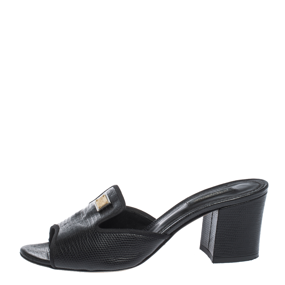 

Dolce & Gabbana Black Lizard Embossed Leather Block Heel Mules Size