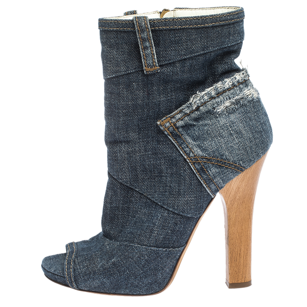 

Dolce & Gabbana Blue Distressed Denim Open Toe Ankle Boots Size
