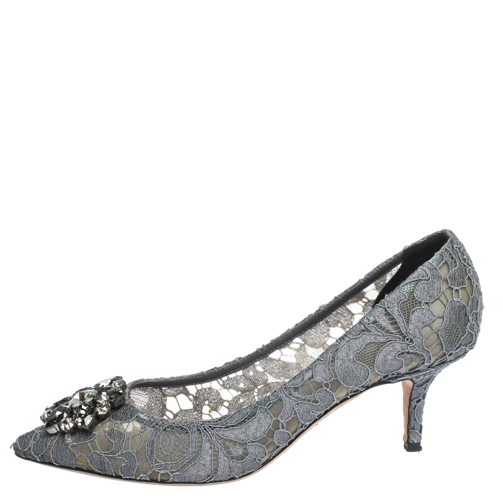 

Dolce & Gabbana Grey Crystal Embellished Lace Bellucci Pointed Toe Pumps Size
