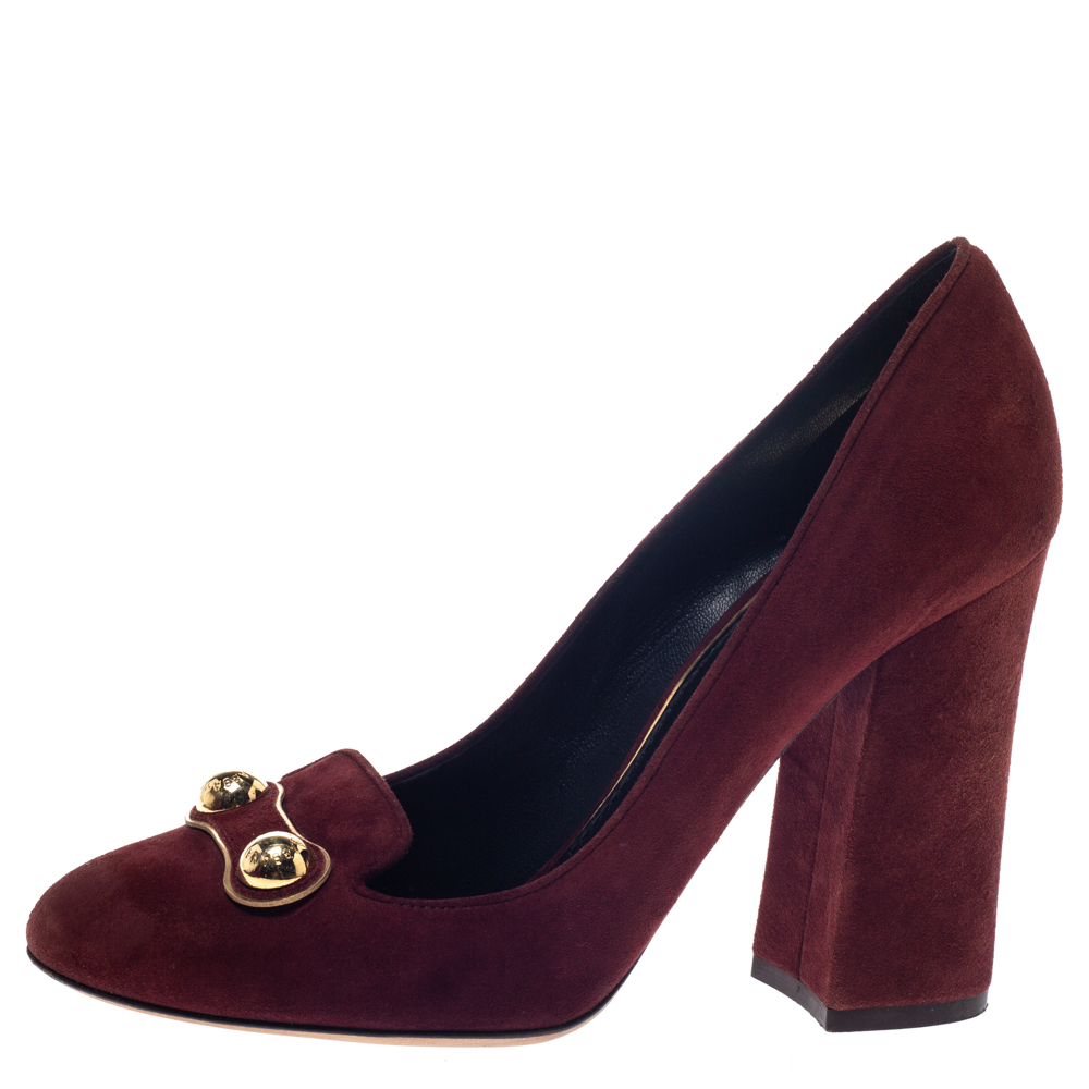 

Dolce & Gabbana Brown Suede Logo Studded Block Heel Pumps Size