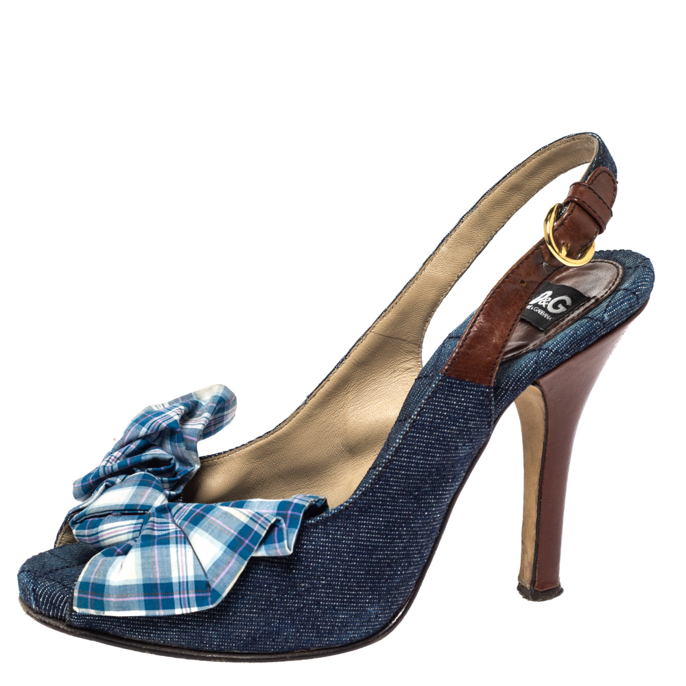 

Dolce & Gabbana Blue Denim And Check Fabric Bow Embellished Slingback Sandals Size