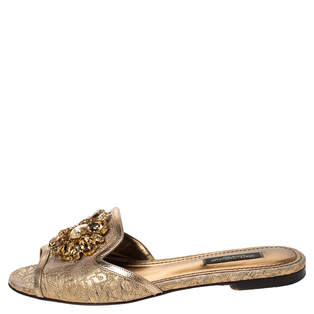 

Dolce & Gabbana Metallic Gold Brocade Fabric Sofia Crystal Embellished Flat Slides Size