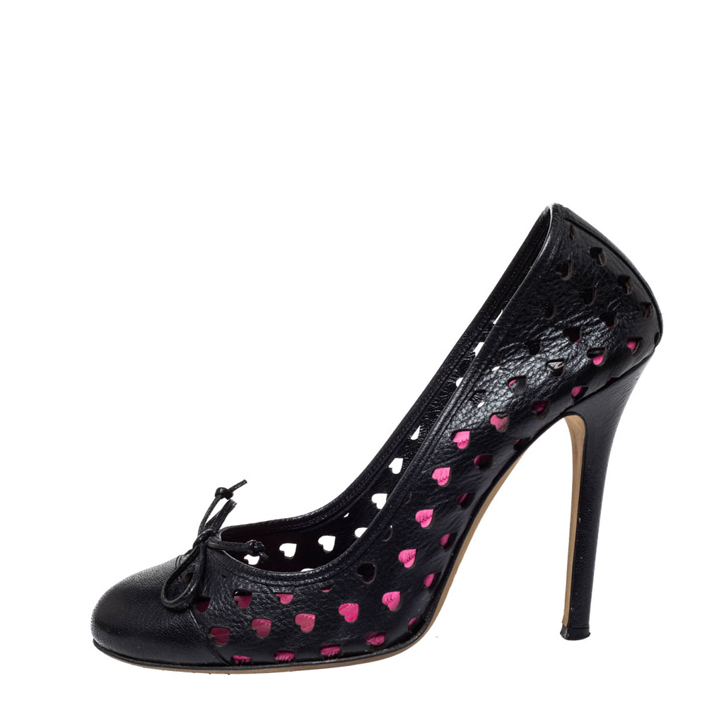 

Dolce & Gabbana Black Leather Heart Cut Out Bow Pumps Size