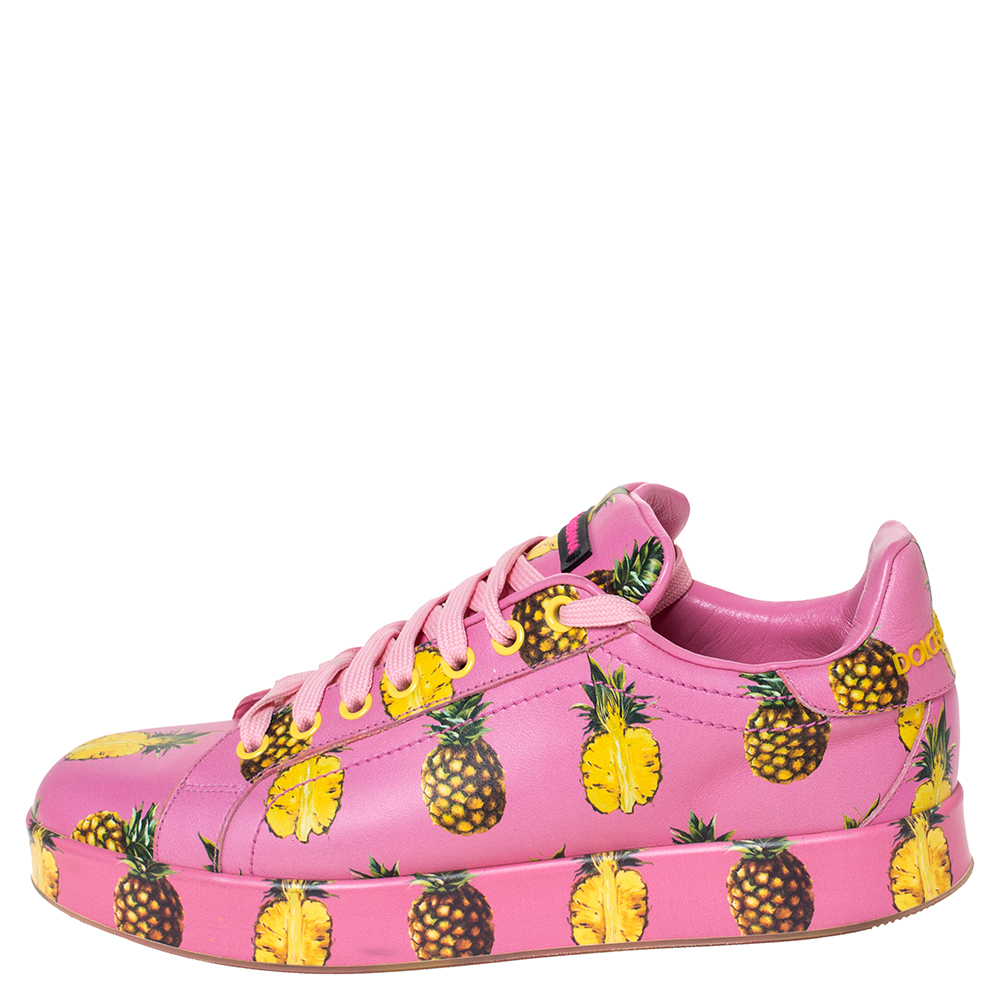 

Dolce and Gabbana Pink Leather Pineapple Print Low Top Sneakers Size