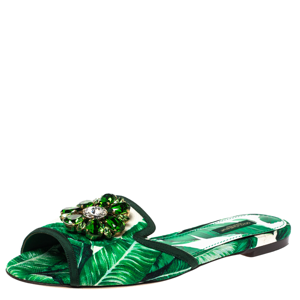 Dolce & Gabbana Green/White Banana Leaf-Print Fabric Crystal Embellished Flat Sandals Size 38