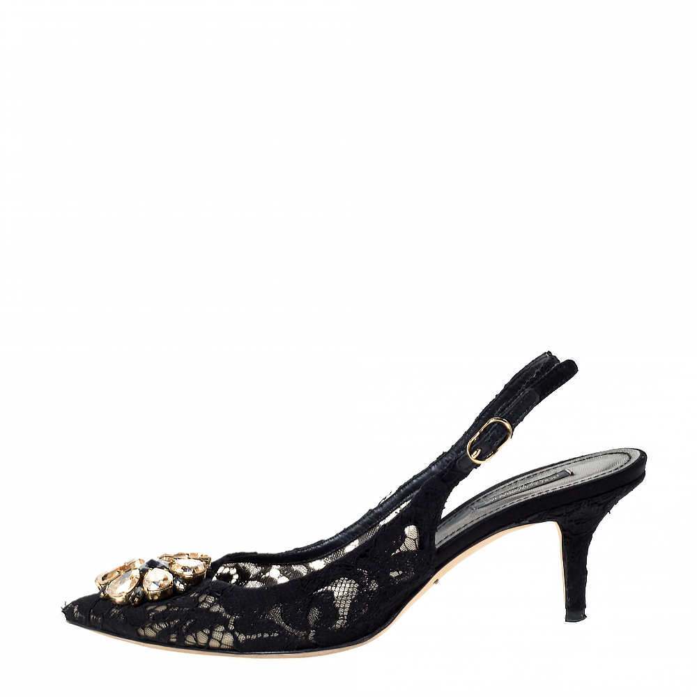 

Dolce & Gabbana Black Lace Crystal Embellished Slingback Pointed Toe Sandals Size