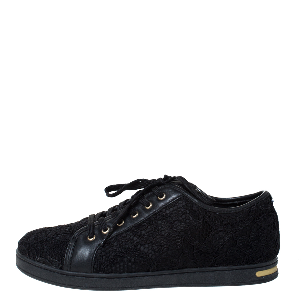 

Dolce & Gabbana Black Lace and Leather Trim Lace Up Sneakers Size