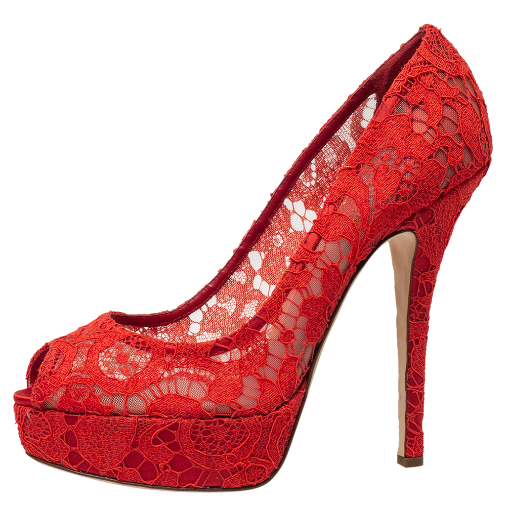 

Dolce & Gabbana Red Lace Peep Toe Platform Pumps Size