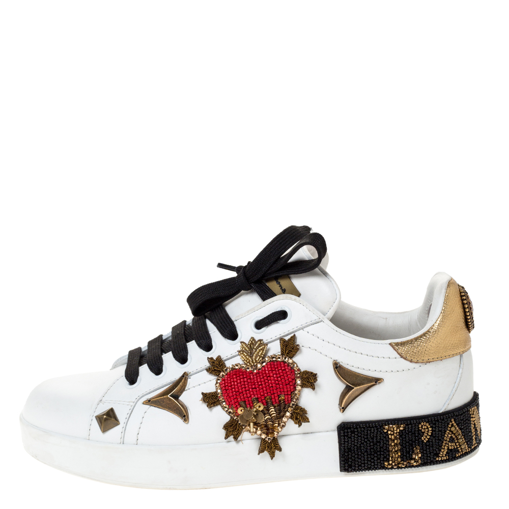 

Dolce and Gabbana White Leather Portofino Heart Embellished Low Top Sneakers Size