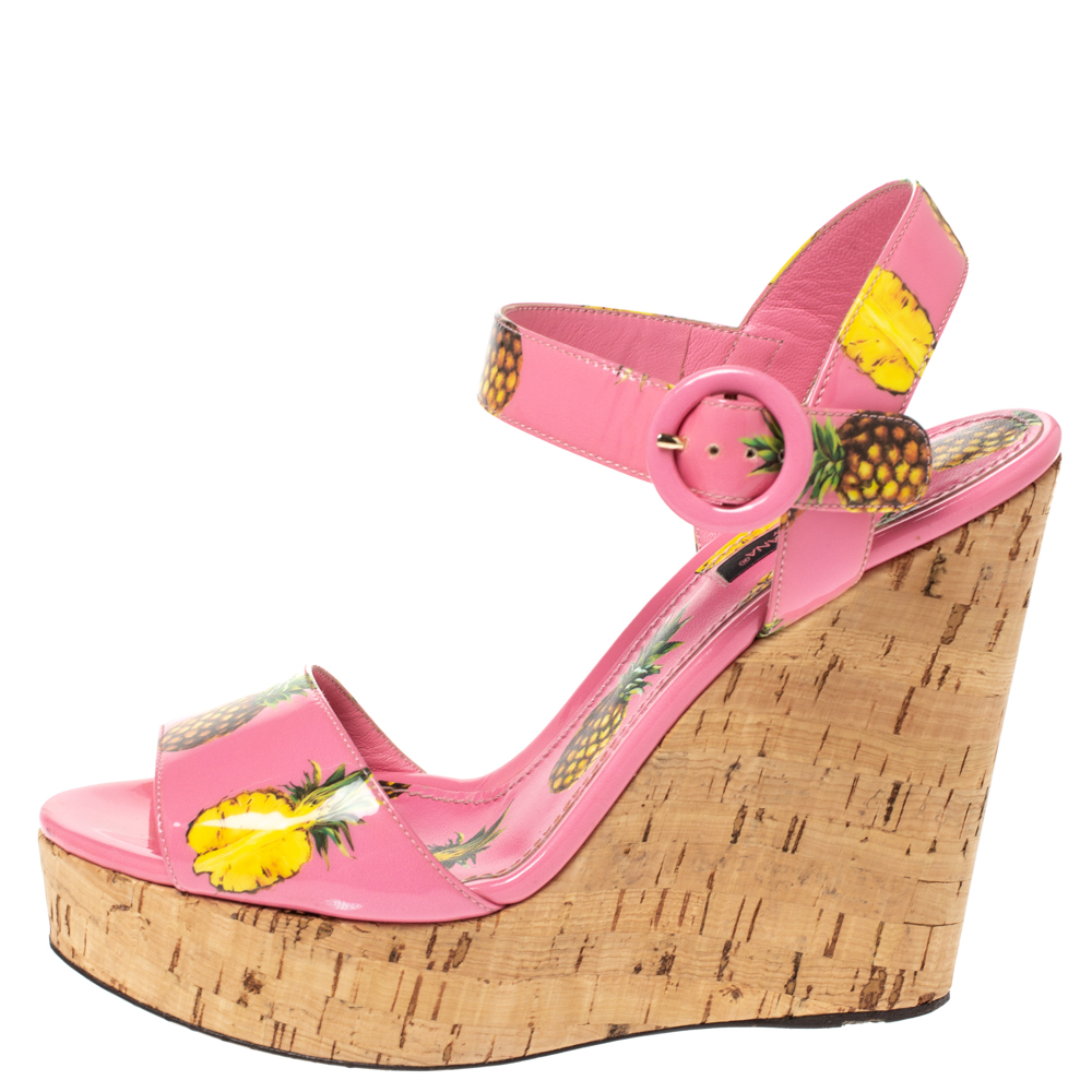 

Dolce and Gabbana Pink Patent Pineapple Print Cork Platform Wedge Sandals Size