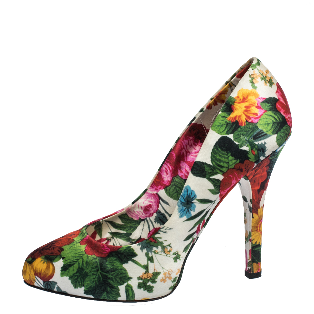 

Dolce and Gabbana Multicolor Floral Print Satin Platform Pumps Size