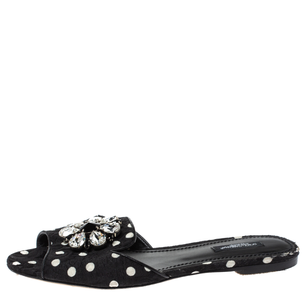 

Dolce & Gabbana Black/White Polka Dot Fabric Crystal Embellished Bianca Flat Slides Size