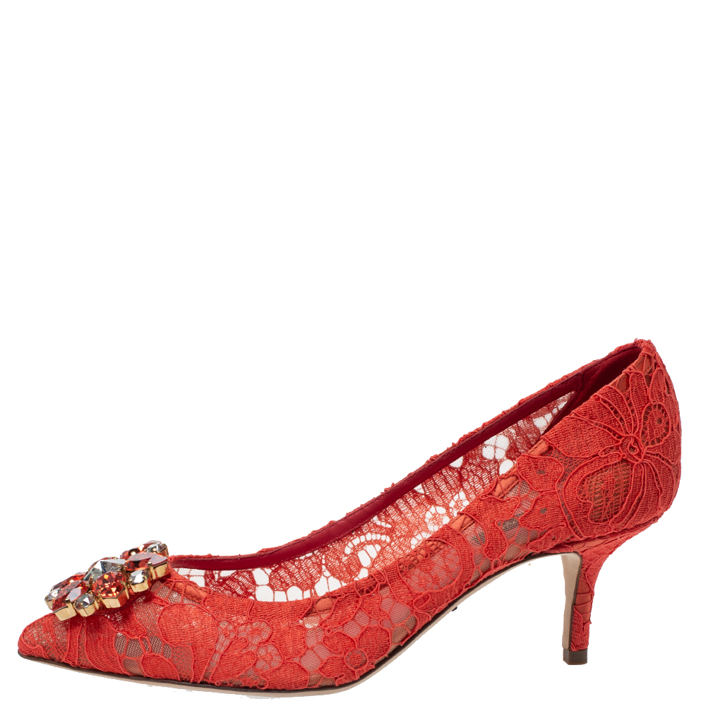 

Dolce & Gabbana Orange Lace Jeweled Embellishment Pointed Toe Pumps Size