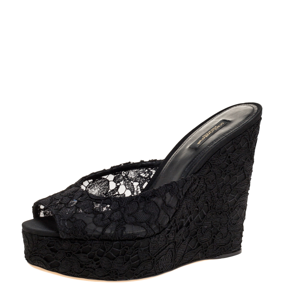 Pre Owned Dolce & Gabbana Black Floral Lace Wedge Platform Slides Size 40