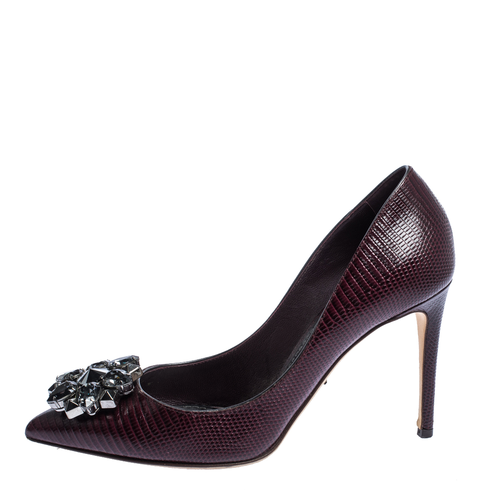 

Dolce & Gabbana Burgundy Lizard Embossed Leather Crystal Embellished Pumps Size