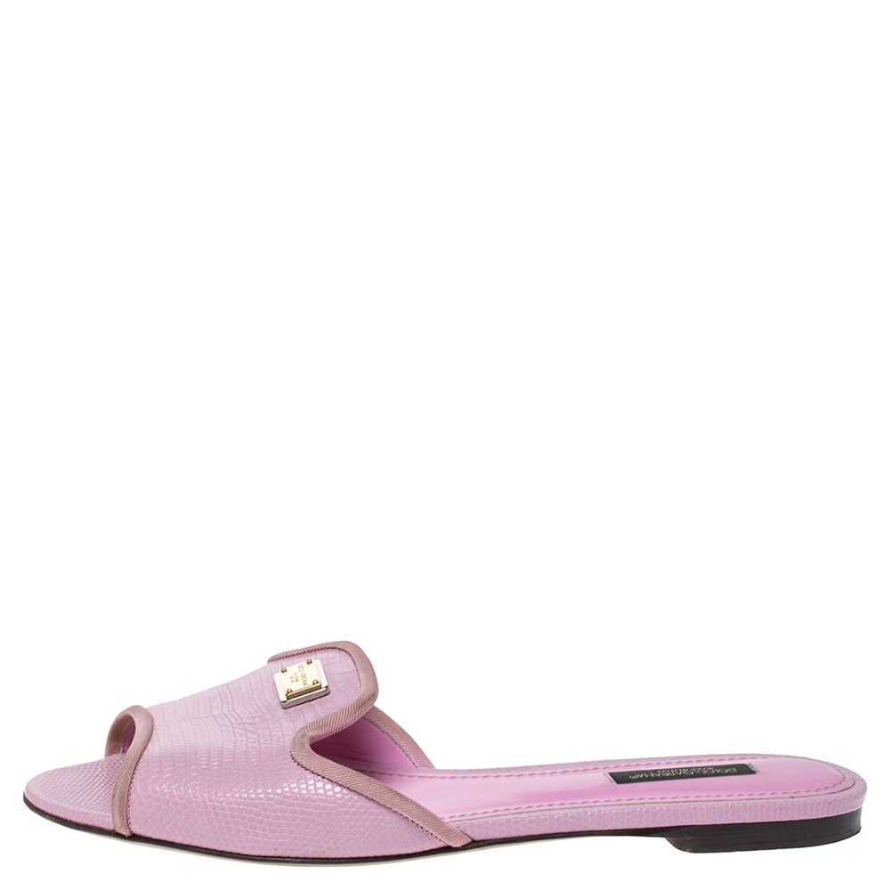 

Dolce & Gabbana Pink Lizard Embossed Leather Sofia Slides Size