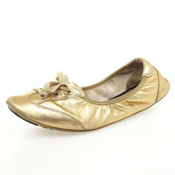 Pre Owned Dolce and Gabbana Gold Metallic Leather Lace Up Ballet Flats Size 38.5