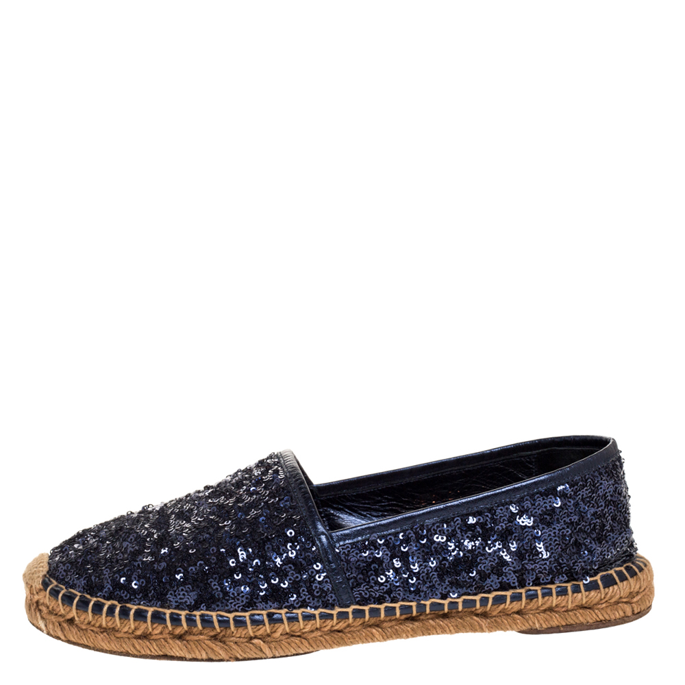 

Dolce & Gabbana Metallic Blue Sequins and Leather Trim Espadrille Flats Size