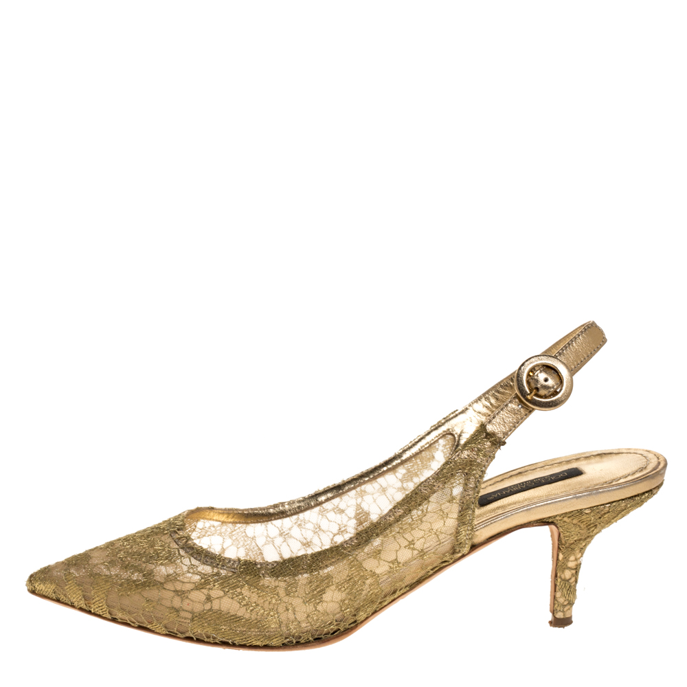 

Dolce & Gabbana Gold Chantilly And Leather Slingback Sandals Size
